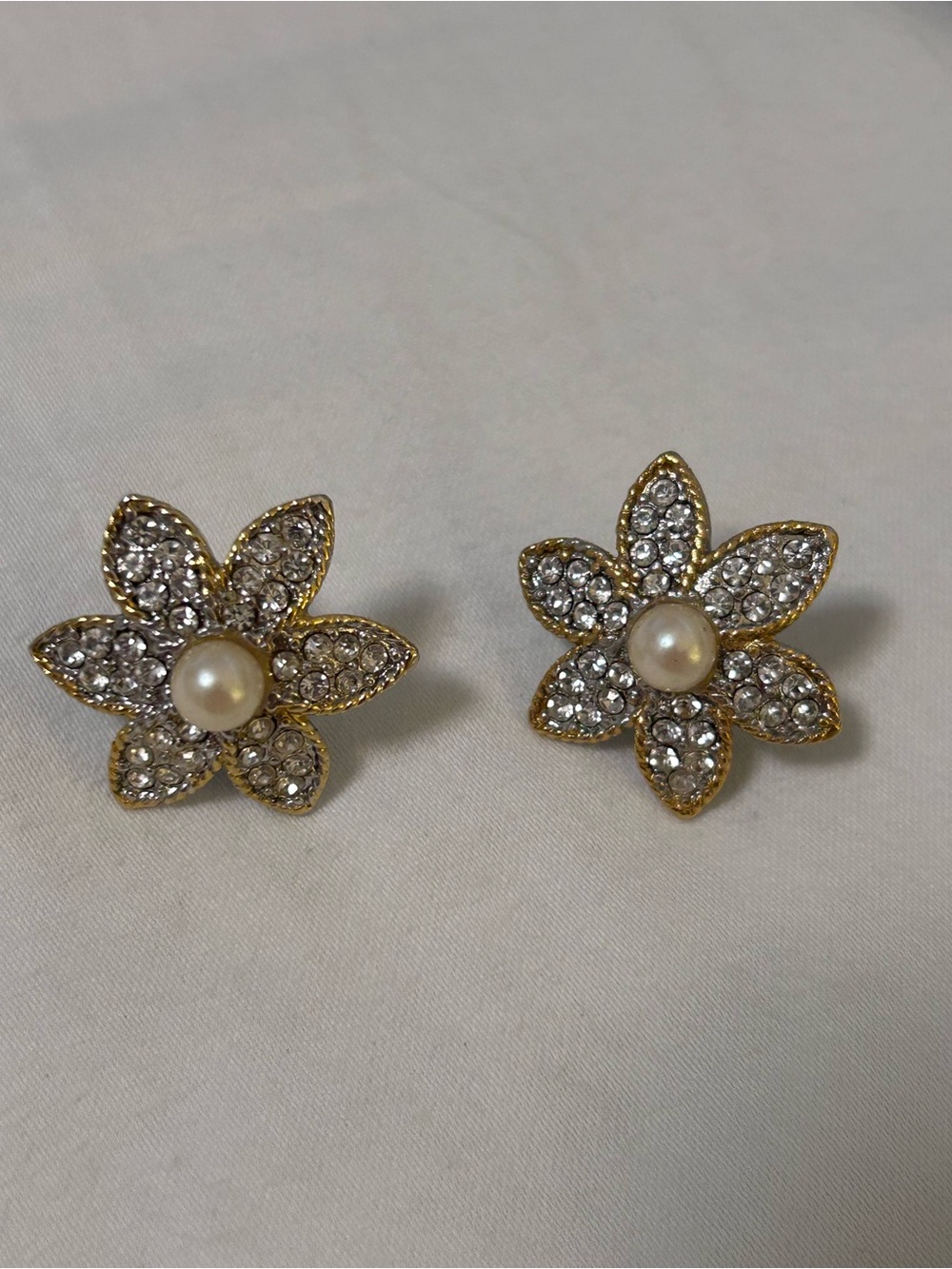 Gold Crystal & Pearl Flower Stud Earrings - Women Jewelry